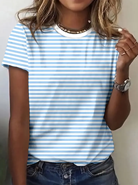 

Women Striped Short Sleeve Tee T-shirt Crew Neck Printing Casual Summer Graphic Tee Top, Blue, T-Shirts
