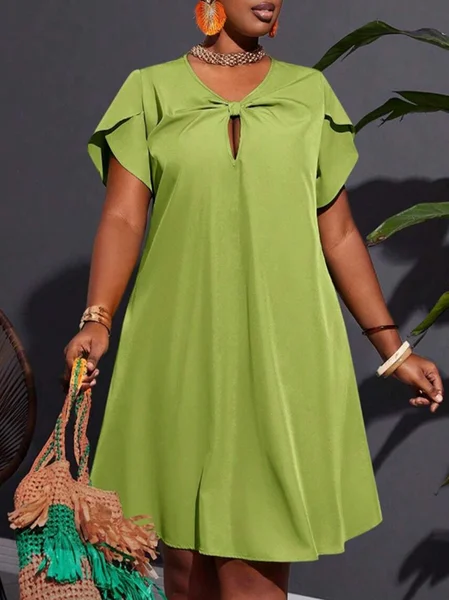 

Urban Plain Petal Sleeve Bow Knee Length Dress, Green, Mini Dresses