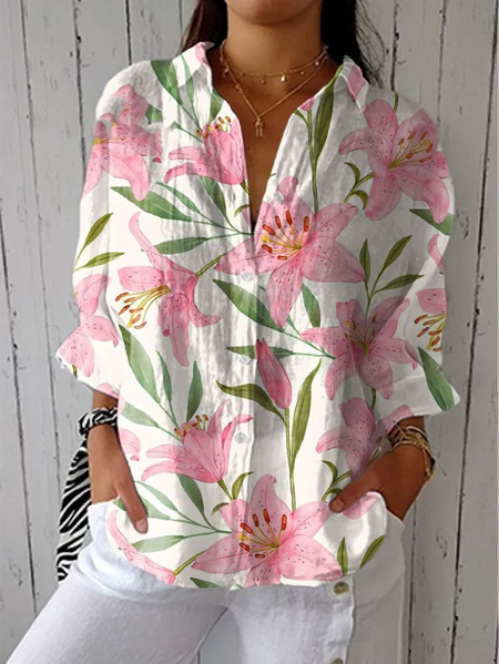 

Women Floral Three Quarter Sleeve Shirt Spring/Fall Printing Shirt Collar Daily Casual Top, White, Shirts