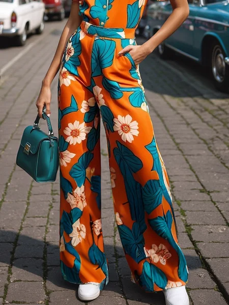 

Urban Floral Printing Straight Pants, Orange, Pants
