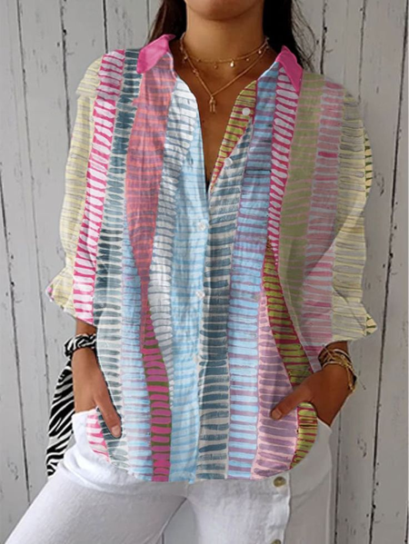 

Women Striped Three Quarter Sleeve Shirt Spring/Fall Printing Shirt Collar Daily Casual Top, As picture, Shirts