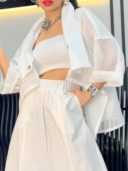 

Casual Mesh Plain Shawl Collar Jacket, White, Kimonos
