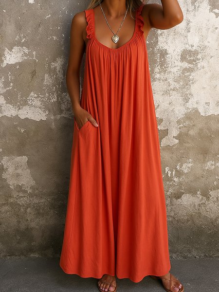 

Women Plain Spaghetti Sleeveless Comfy Casual Maxi Dress, Orange, Dresses