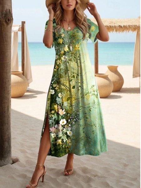 

Women Floral Crew Neck Short Sleeve Comfy Vintage Maxi Dress, Green, Dresses