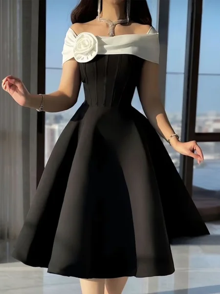 

Elegant Color Block 3D Floral Knee Length Dress, As picture, Midi Dresses