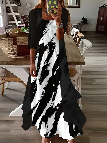 

Women Abstract Printing Two-Piece Set Daily Three Quarter Sleeve Casual Spring/Fall Dress With Coat Matching Set, Black, 2-Piece Dresses