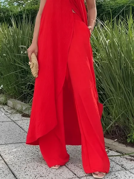 

Vacation Plain Wide Leg Pants, Red, Pants