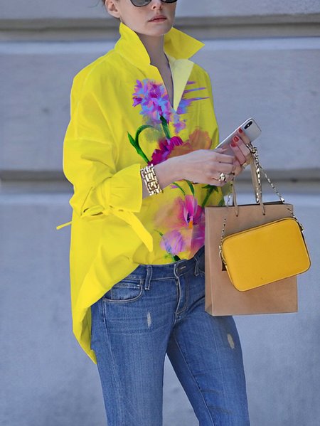 

Plus Size Casual Floral Printing Shirt Collar Raglan Sleeves Shirt, Yellow, Plus Tops