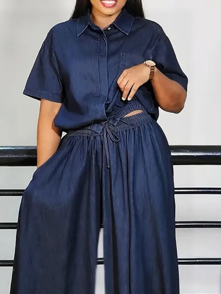 

Plus Size Shirt Collar Casual Loose Faux Denim Shirt, Blue, Plus Tops
