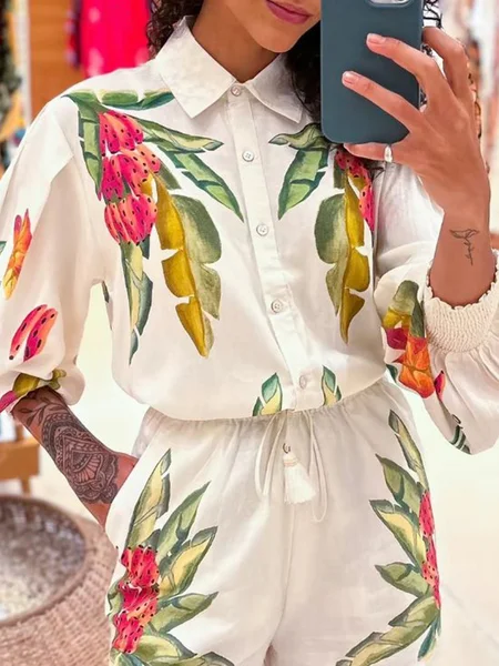 

Vacation Floral Printing Shirt Collar Balloon Sleeve Shirt, As picture, Blouses and Shirts