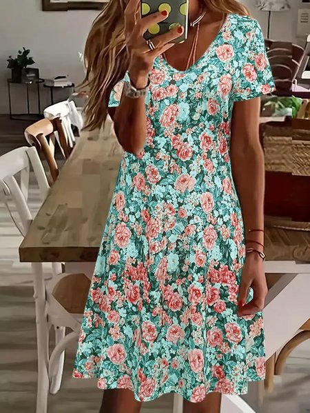 Women Floral Short Sleeve Summer Printing Dress V Neck Daily Casual Midi Fit & Flare Dress A-Line Dress, Green, Casual Dresses