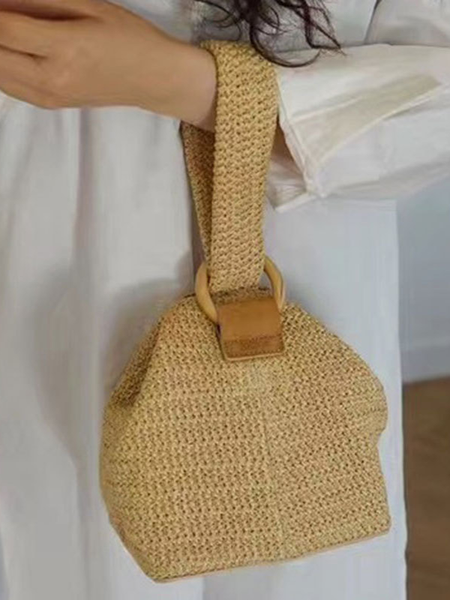 

Vacation Casual Simple Weave Handbag, Khaki, Bags