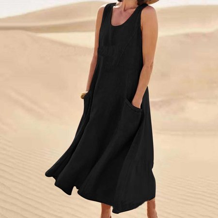 

Women Plain Sleeveless Summer Split Joint Dress Crew Neck Daily Casual Maxi Fit & Flare Dress A-Line Dress, Black, Dresses