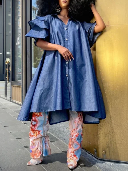 

Faux Denim Casual Plain Distressing Shirt Collar Midi Dress, Blue, Midi Dresses