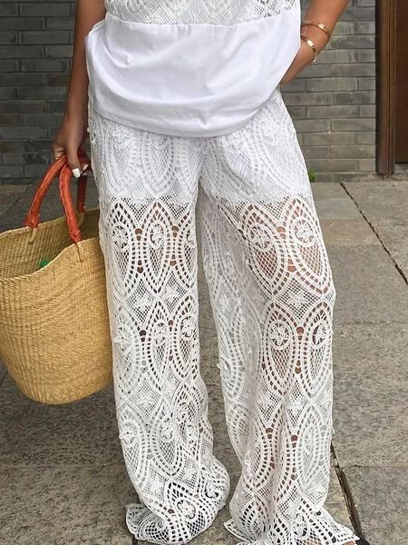 

Vacation Plain Hollow Out Wide Leg Pants, White, Pants