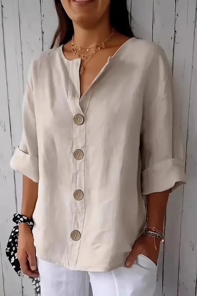 

Shawl Collar Three Quarter Sleeve Plain Regular Loose Blouse For Women, Apricot, Blouses