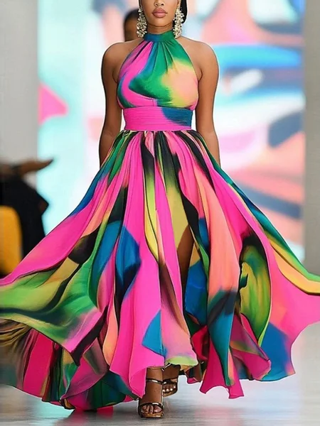 

Vacation Random Print Side-Slit Stand Collar Maxi Dress With Belt, As picture, Maxi Dresses