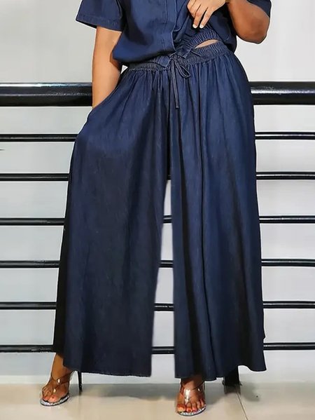 

Plus Size Plain Loose Casual Faux Demin Jeans, Blue, Plus Pants