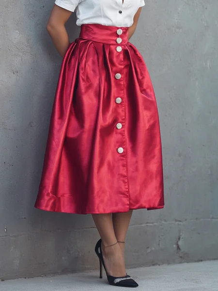 

Elegant Buttoned Plain Midi Skirt, Red, Skirts