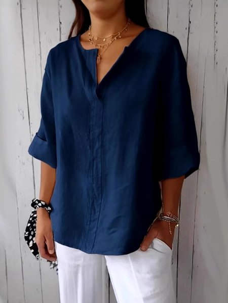 

V Neck Long Sleeve Plain Regular Micro-Elasticity Regular Fit Shirt For Women, Navyblue, Shirts