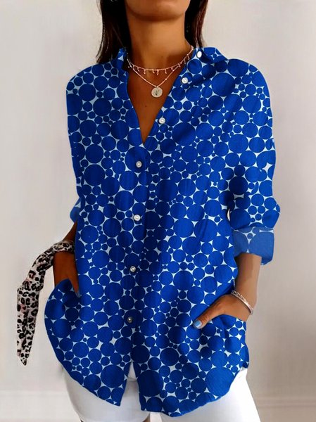 

V Neck Long Sleeve Geometric Regular Micro-Elasticity Regular Fit Shirt For Women, Blue, Shirts
