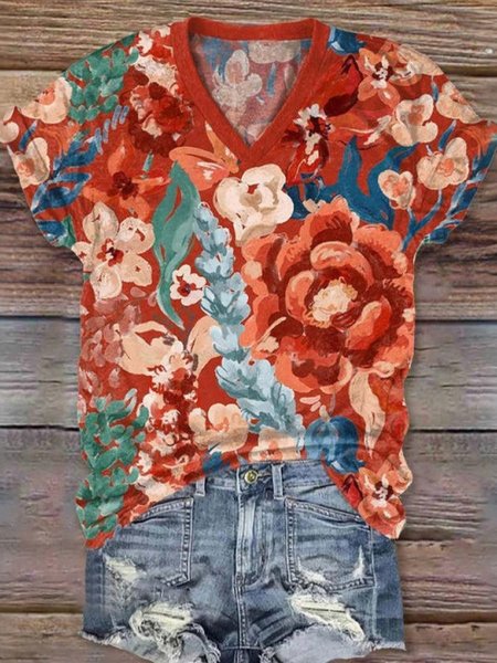 

Casual Floral V Neck Short Sleeve T-shirt, Red, T-shirts