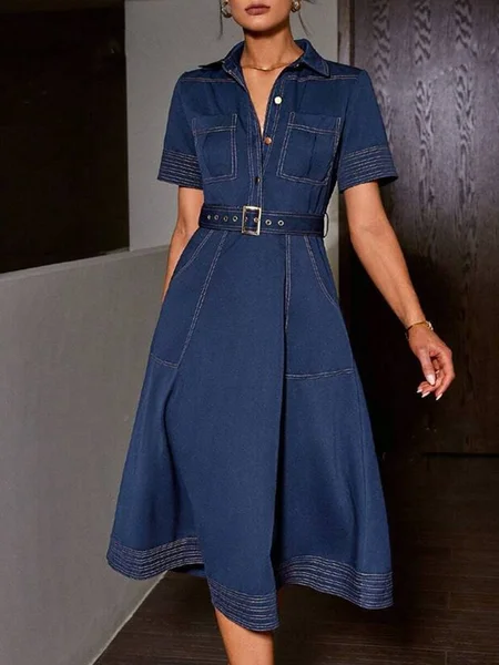 

Denim Casual Plain Buttoned Midi Dress Wtih Belt, Blue, Midi Dresses