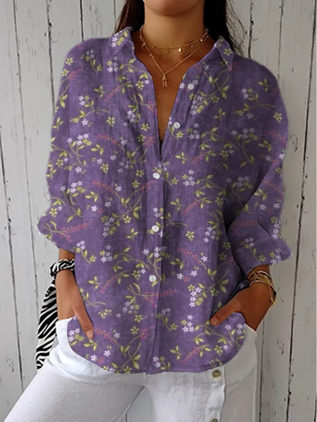 

Women Floral Three Quarter Sleeve Shirt Spring/Fall Printing Shirt Collar Daily Casual Top, Purple, Shirts