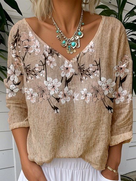 

Casual Floral V Neck Long Sleeve T-shirt, Khaki, T-shirts