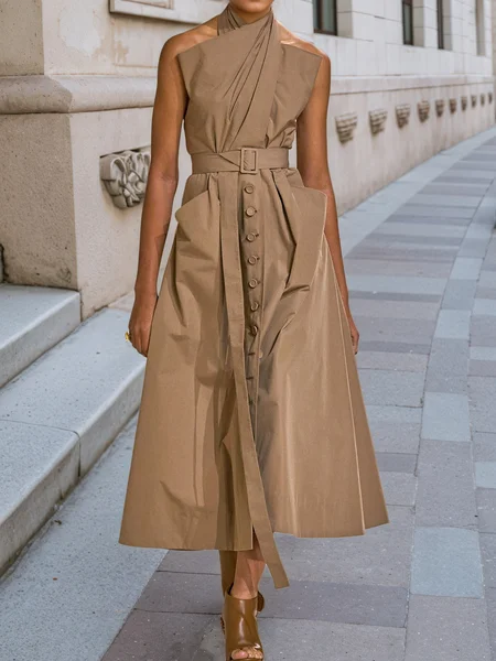 

Urban Plain Irregular Craftsmanship Halter Maxi Dress With Belt, Brown, Maxi Dresses
