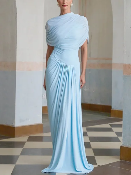 

Elegant Plain Gathered Mock Neck Maxi Dress, Blue, Maxi Dresses