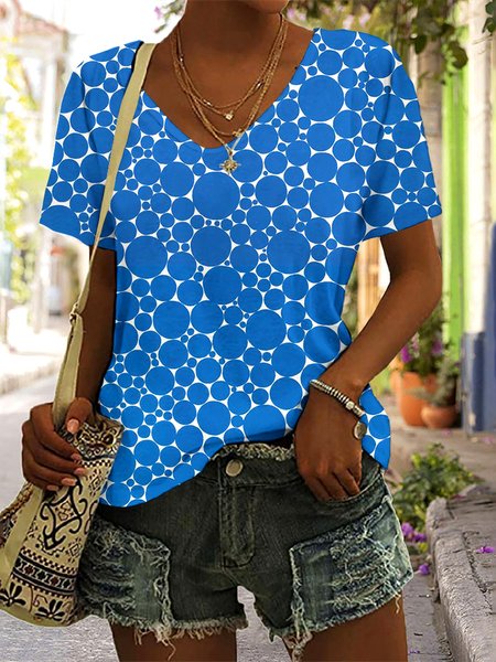 

Casual Floral V Neck Short Sleeve T-shirt, Blue, T-shirts