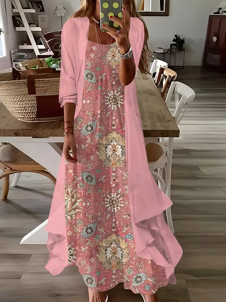 

Women Floral Printing Two-Piece Set Daily Three Quarter Sleeve Casual Spring/Fall Dress With Coat Matching Set, Pink, 2-Piece Dresses