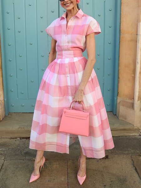 

Plus Size Casual Plaid Raglan Sleeves Printing Shirt Collar Midi Dress With Belt, Pink, Plus Dresses