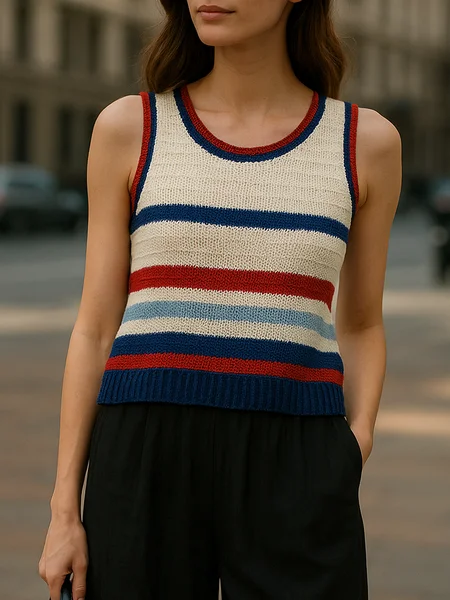 

Casual Striped Hollow Out Crew Neck Knit Top, As picture, Pullovers