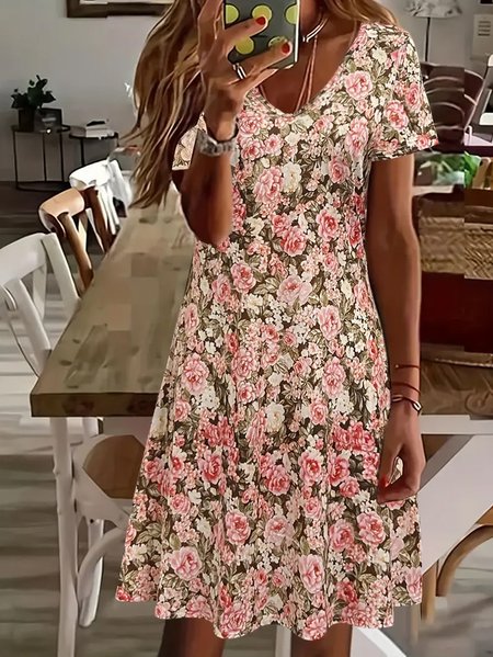

Women Floral Short Sleeve Summer Printing Dress V Neck Daily Casual Midi Fit & Flare Dress A-Line Dress, Red brown, Casual Dresses
