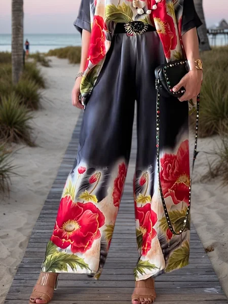 

Vacation Floral Printing Wide Leg Pants, As picture, Pants