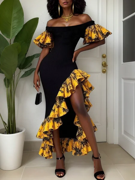 

Elegant Color Block Peplum Cold Shoulder Maxi Party Dress, Black-yellow, Maxi Dresses