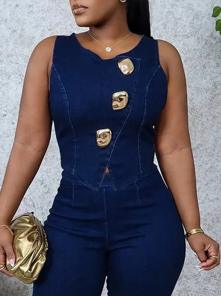 

Casual Buttoned Plain Denim Vest, Deep blue, Vests and Gilets