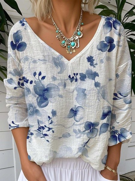 

Casual Floral V Neck Long Sleeve T-shirt, Blue, T-shirts