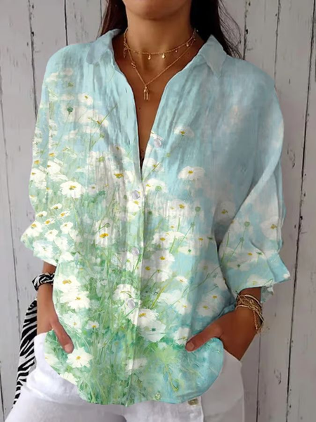 

Women Floral Three Quarter Sleeve Shirt Spring/Fall Printing Shirt Collar Daily Casual Top, Green, Shirts