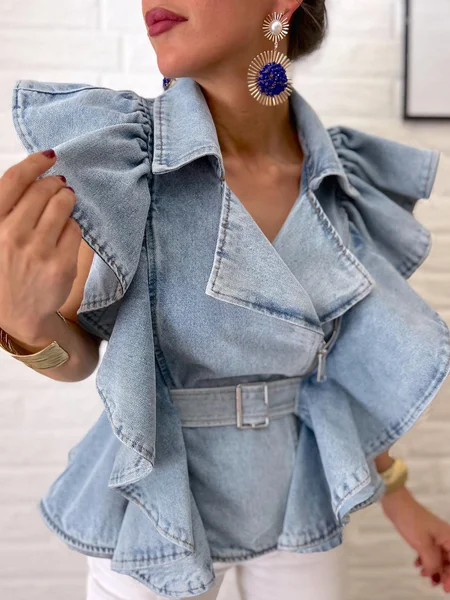 

Urban Peplum Plain Lapel Collar Denim Jacket With Belt, Denim blue, Jackets