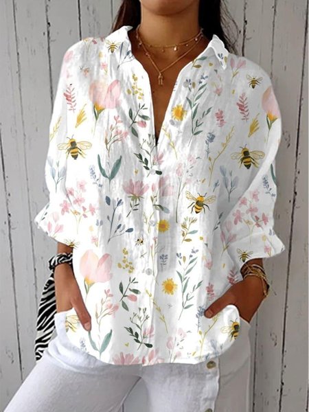 

Shirt Collar Loose Casual Botanical Pattern Shirt, White, Blouses & Shirts