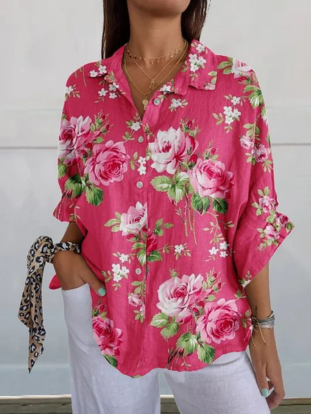 

Women Floral Three Quarter Sleeve Shirt Spring/Fall Printing Shirt Collar Daily Casual Top, Rose red, Shirts