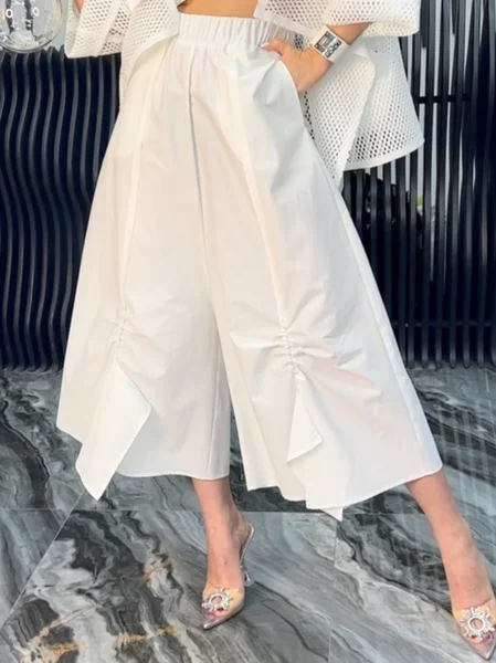 

Casual Plain Pockets Wide Leg Pants, White, Pants