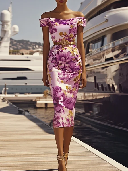 

Elegant Floral Off Shoulder Sleeve Printing Midi Dress No Belt, As picture, Midi Dresses