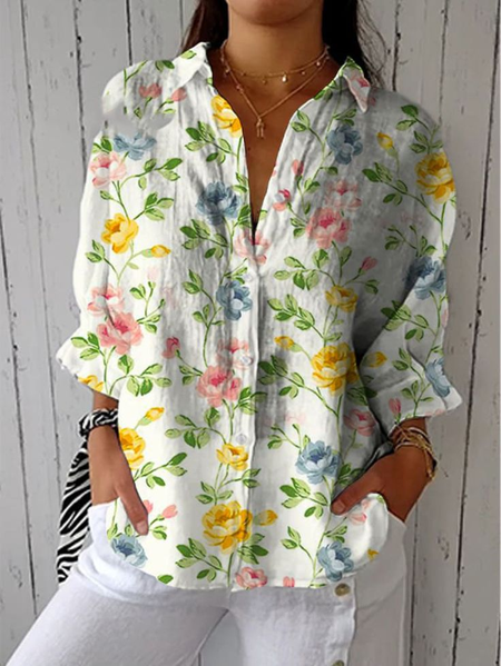 

Women Floral Three Quarter Sleeve Shirt Spring/Fall Printing Shirt Collar Daily Casual Top, White, Shirts