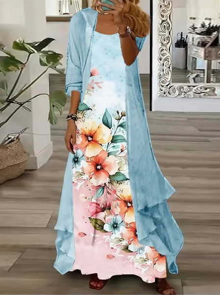 

Women Floral Printing Two-Piece Set Daily Three Quarter Sleeve Casual Spring/Fall Dress With Coat Matching Set, Blue, 2-Piece Dresses