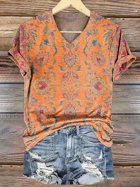 

Casual Floral V Neck Short Sleeve T-shirt, Orange, T-shirts