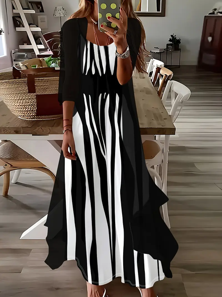 

Women Abstract Stripes Printing Two-Piece Set Daily Three Quarter Sleeve Casual Spring/Fall Dress With Coat Matching Set, Black, 2-Piece Dresses